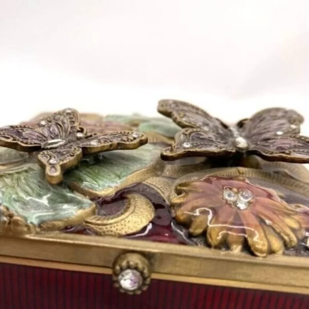 Vintage Floral Butterfly Enamel Rhinestone Jewelled Trinket Box